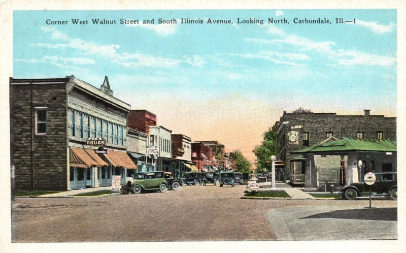 Vintage Postcard Corner West Walnut Street & South Illinois Avenue Carbondale IL