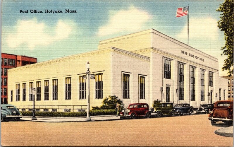 US Post Office Holyoke Massachusetts MA Old Cars Linen Postcard VTG UNP Tichnor  