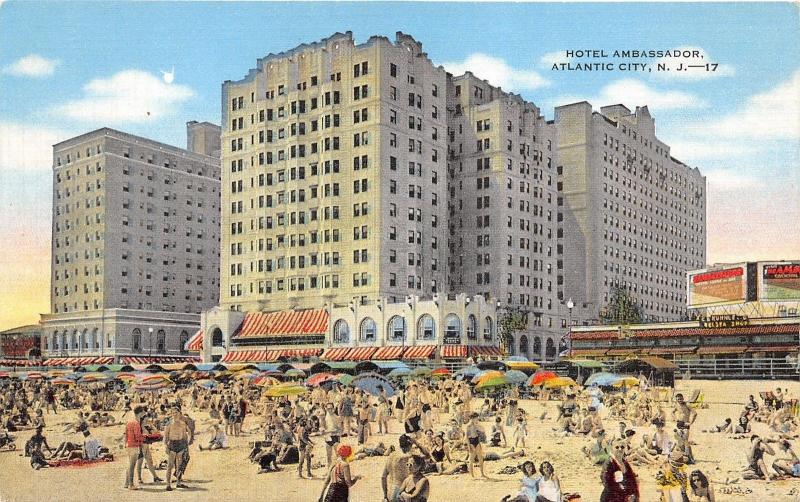 Atlantic City New Jersey~Hotel Ambassador & Beach Scene~Sun Umbrellas~1940s Pc