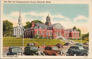 Ellsworth Maine City Hall & Congressional Church Autos ME Linen Postcard H15