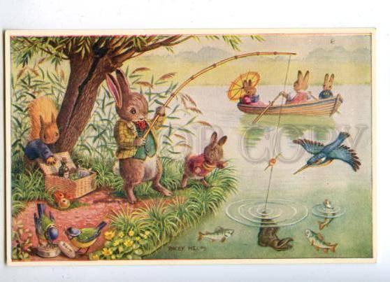 176232 FISHING Dressed RABBIT Bird SQUIRREL by Racey HELPS old