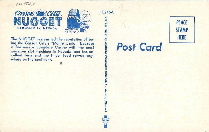 Autos  Aurora Carson City Nevada 1950s Cafe Nugget Casino Cabling postcard 2207