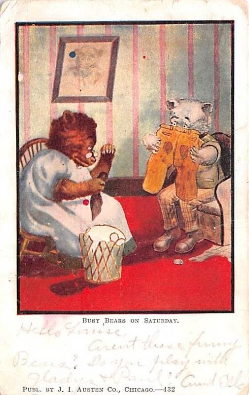 Busy Bear on Saturday Bear 1910 missing stamp horizontal crease, a lot of cor...