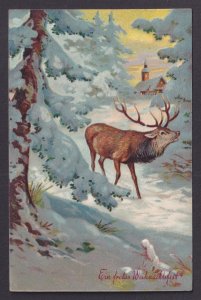 WWI Feldpost Christmas 1914 postcard deer in snowy forest winter scene Germany