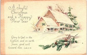 c1920 CHRISTMAS HAPPY NEW YEAR SNOW COVERED HOME PINE CONES POSTCARD 41-2