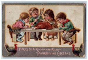 1914 Thanksgiving Greeting Children Eating Turkey Embossed Antique Postcard 