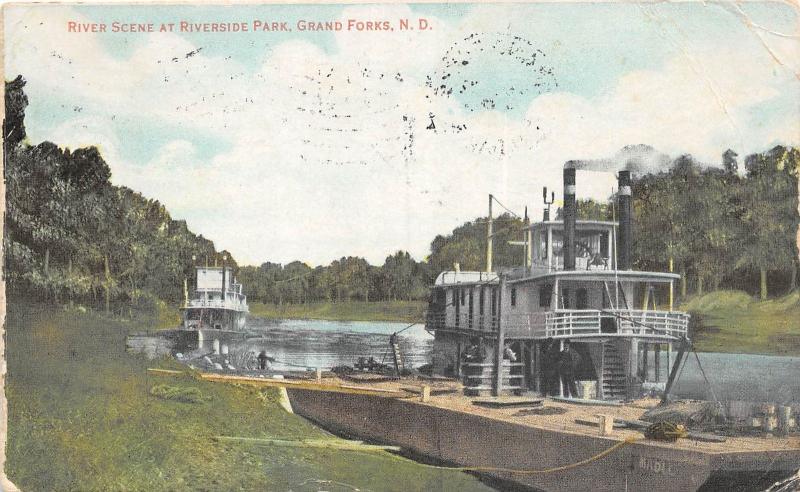 A79/ Grand Forks North Dakota ND Postcard 1908 Riverside Park Steamer Wharf