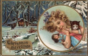Christmas Little Girl Sleeping with Doll and Kitty Cat Kitten c1910 Postcard