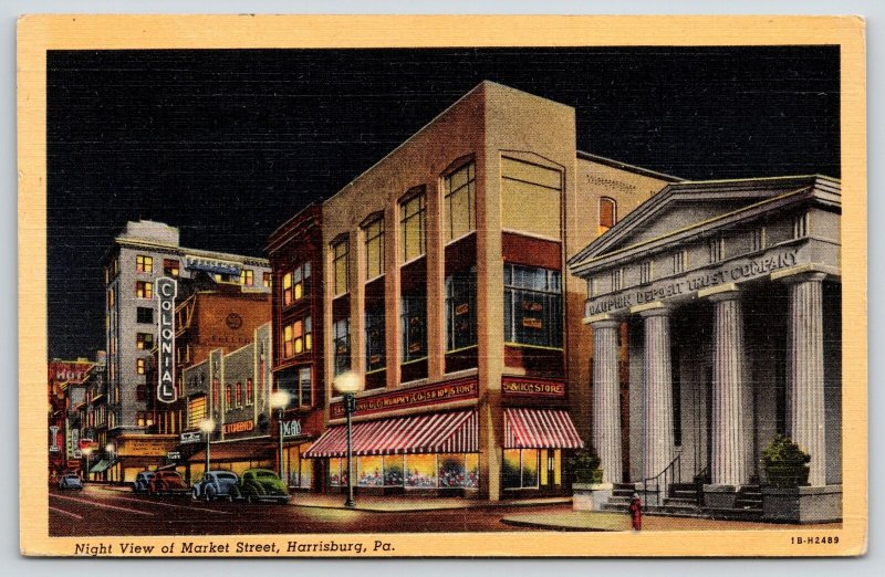 Harrisburg PA~Market Street Night Lights~GC Murphy~Colonial Theatre~1941 Linen 