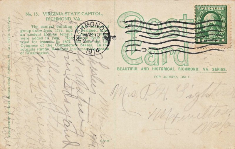 Richmond Virginia VA~State Capitol-Designed by Thomas Jefferson~1914 Postcard