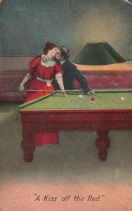 Vintage Postcard 1911 Lovers Couple Kissing  Pool Table A Kiss Off Red Romance