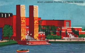 VINTAGE POSTCARD HAND PAINTED BOAT LANDING CHICAGO 1933 INTERNATIONAL EXPOISTION