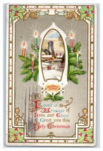 c. 1910 X-Mas Tree Candles Christmas Holly Postcard P43E 