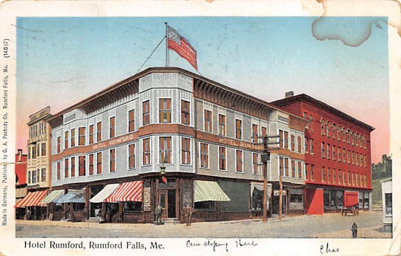 Hotel Rumford Fumford Falls, Maine, USA 1906 paper tear left edge, liquid sta...