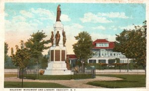 Vintage Postcard 1930's Soldiers Monument And Library Building Endicott New York