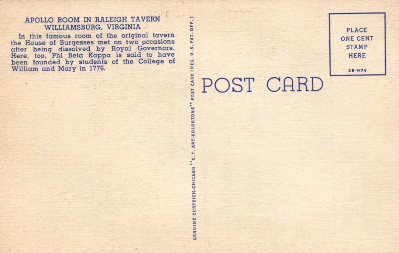 America Postcard - Apollo Room in Raleigh Tavern, Williamsburg, Virginia RS21238