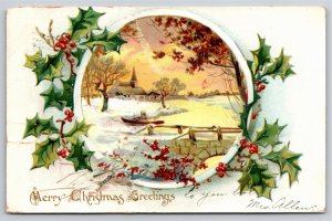 Christmas~Church & River Winter Scene~Holly Berry~Gold~Emboss~TUCK~1906 UDB PC