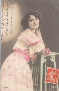 Early 1900s French RPPC Hand-Colored Real Photo Postcard Lovely Lady Pink Dress