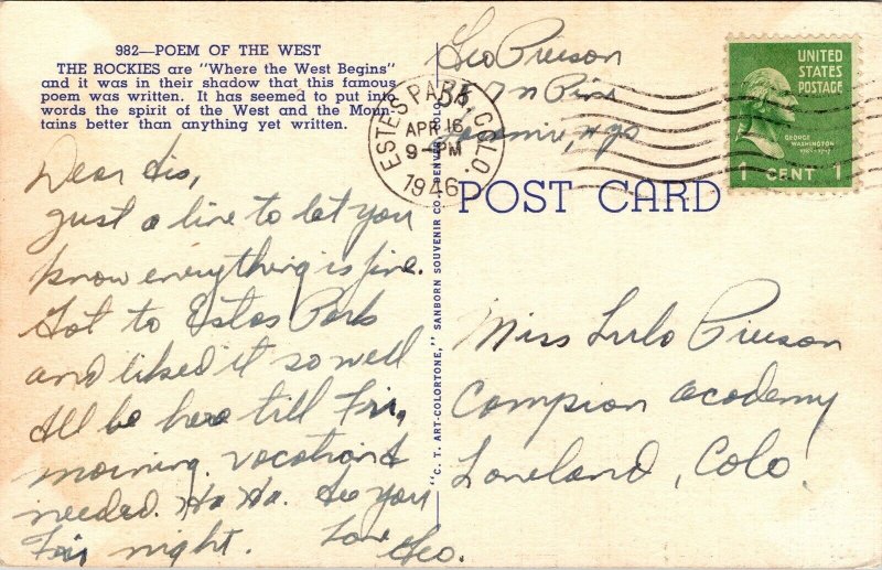 Out Where West Begins Poem Linen Postcard PM Estes Park CO Cancel WOB Note