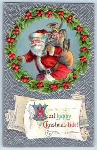 Christmas Postcard Santa Claus Wreath Berries Sack Of Toys Freeland PA 1909