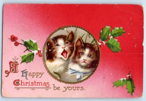 1909 Christmas Cat Kittens Holly Berries Embossed Brooklyn NY Antique Postcard