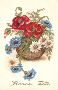 Beautiful flowers bouquet  in a vaseOld vintage French, greetings, postcard