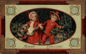 Christmas Children Baskets Holly Gel Coat c1900s-20s Postcard