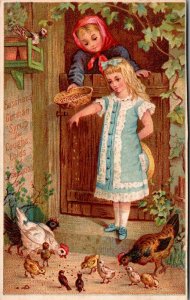 1880s GREENS AUGUST FLOWER GIRL FEEDING CHICKENS CALENDAR -VICTORIAN TRADE CARD 