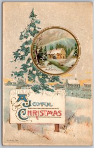 Vtg Joyful Christmas Greetings Winter Cottage Town Scene 1910s Embossed Postcard