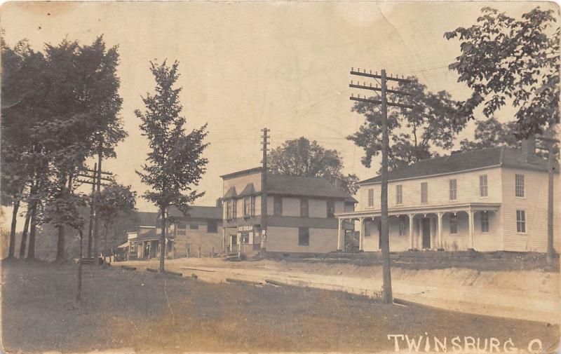 E62/ Twinsburg Ohio RPPC Postcard 1912 Ice Cream Shop Homes Hotel?