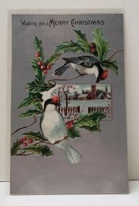 Wishing you A Merry Christmas Holly, Birds Silver Finish Germany Postcard B7