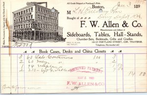 1900 F. W. Allen & Co. Sideboards Tables Boston MA Bill Letterhead Billhead