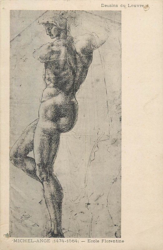 Fine art postcard painting Louvre Michelandelo man drawing