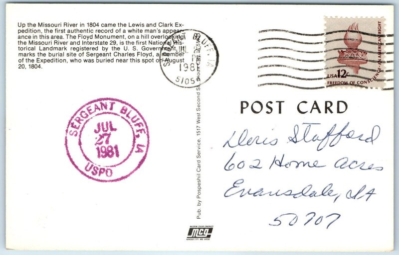 1981 Sergeant Bluff, IA Purple USPO Post Office Cancel Postcard History A267