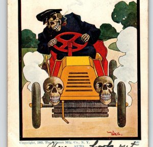 Halloween Postcard Skeleton Auto Grim Reaper Skull Headlights Wall 1905 Ullman