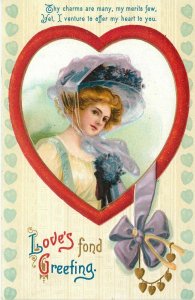 Embossed Valentine Postcard 1083 Brundage? Lovely Lady Whose Charms are Many