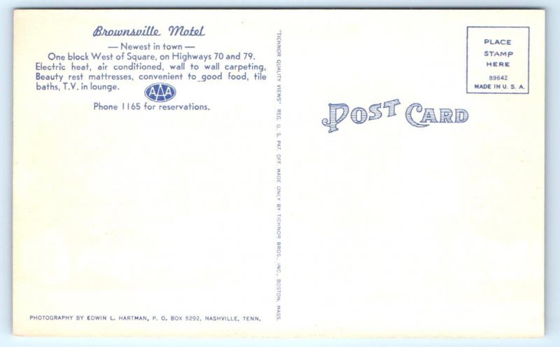 BROWNSVILLE, Tennessee TN ~ Roadside BROWNSVILLE MOTEL Haywood County Postcard