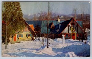 Two Of Santa's Workshops, Winter View, North Pole NY, Vintage Chrome Postcard