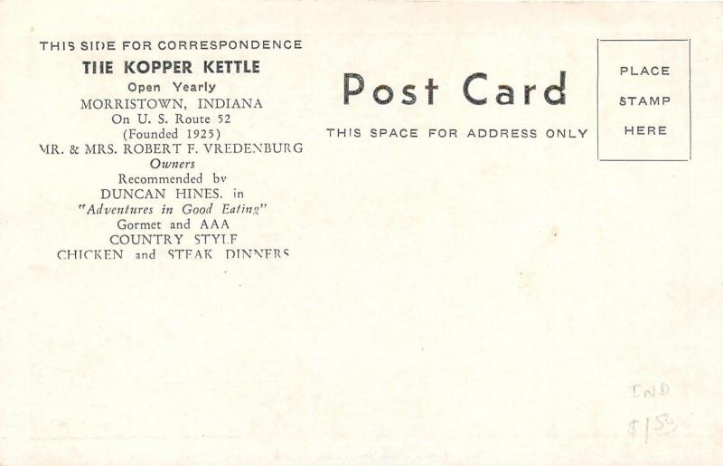 Morristown IN Stone Wall @ Vredenburg Kopper Kettle~Open YEARLY 1950s Postcard 