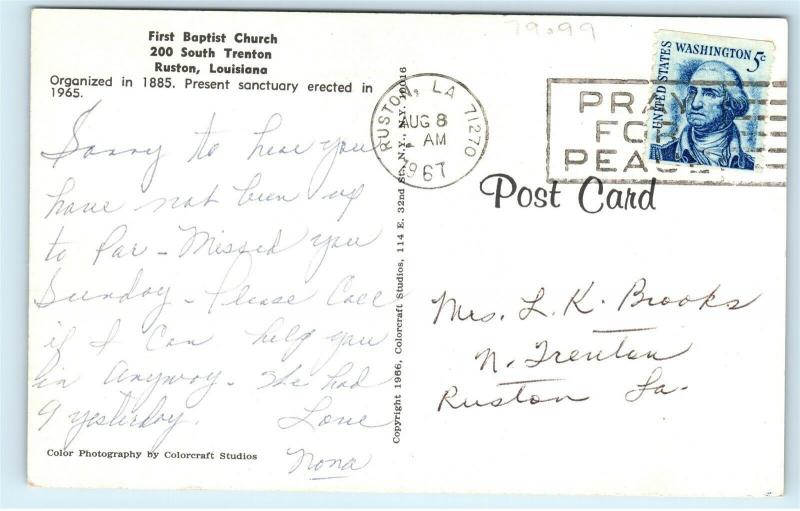 Ruston Louisiana First Baptist Church 200 South Trenton Vintage Postcard D82