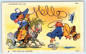 Line Comic RAY WALTERS Hello, Dropping You a Line Cowboy ca 1930s  Postcard
