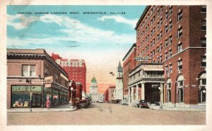 1930s Capitol Avenue Looking West Buildings Springfield Illinois Posted Postcard