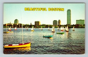 Boston MA- Massachusetts, Boston Skyline and the Charles River, Chrome Postcard