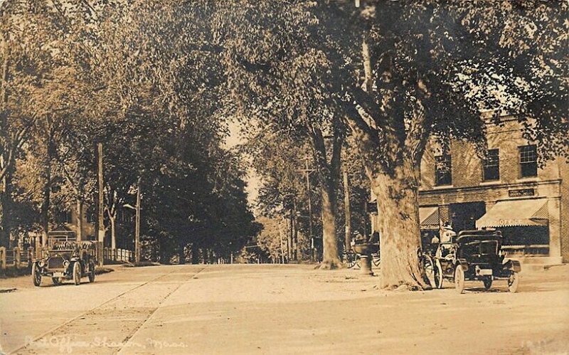 Sharon MA Old Cars Post Office Storefront Trolley Track RPPC