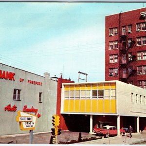 c1950s Freeport IL State Bank Drive In Thru Downtown Chevrolet Chevy Impala A266