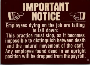 VINTAGE IMPORTANT NOTICE ABOUT EMPLOYEES DYING ON JOB COMEDIC POSTCARD 14-154
