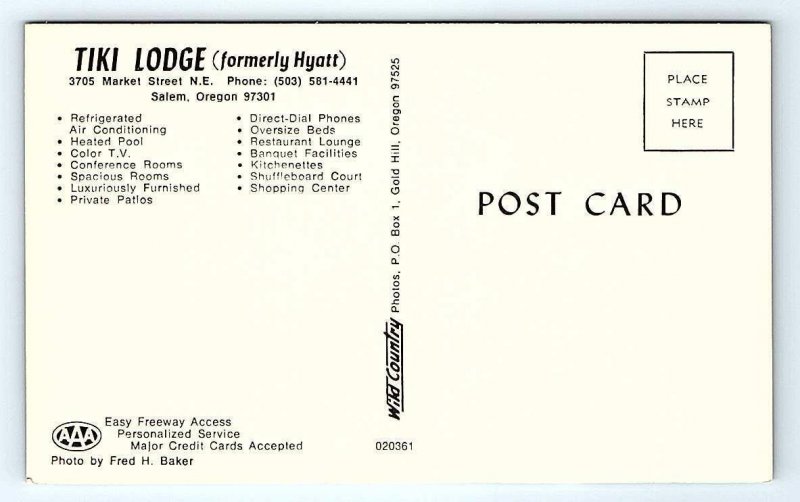 SALEM, OR Oregon ~ TIKI LODGE & Restaurant c1970s Roadside Postcard