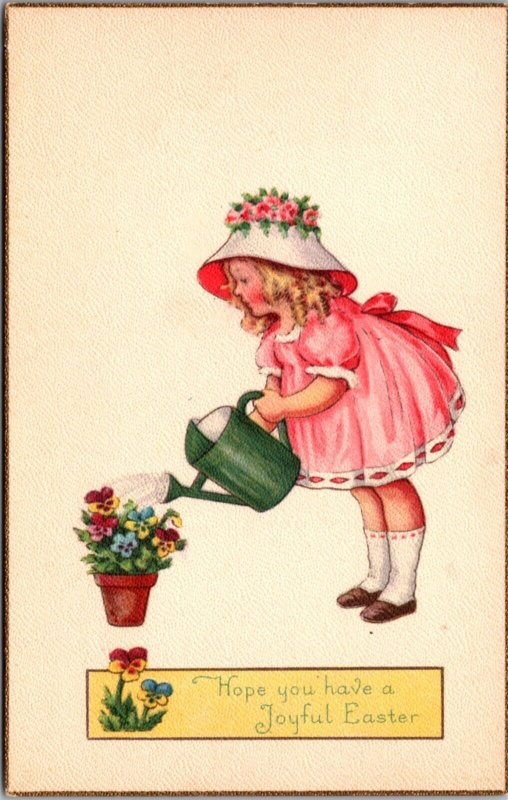 Easter Postcard Little Girl Wearing Pink Dress and Bonnet Watering Flowers