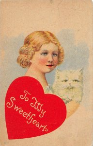 H95/ Valentine's Day Love Holiday Postcard c1910 Woman Cat Heart 140