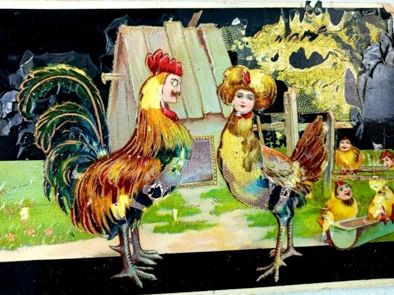 Vintage Postcard Chickens with Man & Woman Faces and Children Chcks Rooster 1912